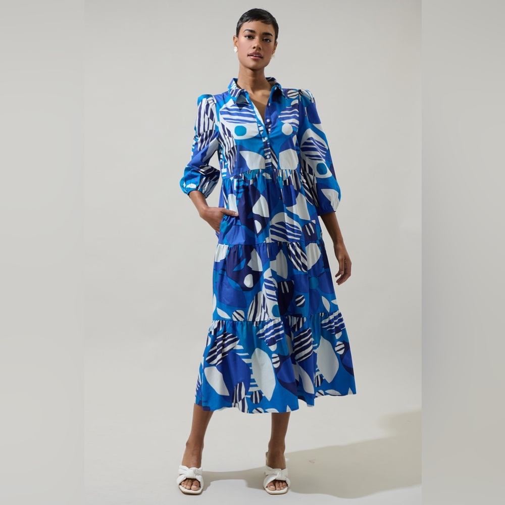 NWT Sugarlips Beatty Geometric Button Up Midi Dress